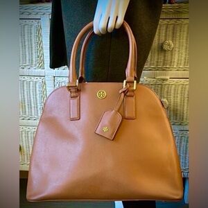 Tory Burch Robinson Open Fome Leather 2 Way Satchel bag tan color Authenticated